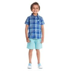 Boy's Blue Plaid Button Down Shirt. Blue Summer School Top, Blue Short Sleeve School Shirt, Casual Tops With Buttons For Playwear, Casual Blue Shirt For School, Blue Short Sleeve Shirt For Playtime, Playful Collared Blue Tops, Blue Tops With Buttons For Playtime, Playful Blue Collared Top, Blue Shirt With Buttons For Playtime