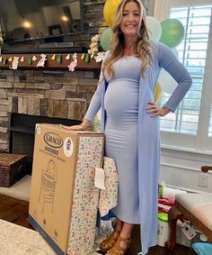 The cool-mom set for embracing your bump this summer into fall!  We’re obsessed with the fit, matching duster cardigan and ability to wear this non-pregnant.  Features a midi-length tube top dress in a soft rubbed stretched fabric.  As seen on Shawn Johnson and Dede Raad.   Color: Baby Blue, Mocha &  Raspberry Pink Maternity Blue Dress, Fall Baby Shower Outfits For Mom To Be, Maternity Dress With Cardigan, Pink Baby Shower Dress For Mom, Blue Baby Shower Dress For Mom, Winter Baby Shower Dress For Mom, Fall Baby Shower Outfit For Mom, Baby Shower Mom Outfit, Winter Baby Shower Dress