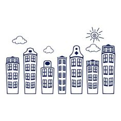 a line drawing of buildings with the sun above them