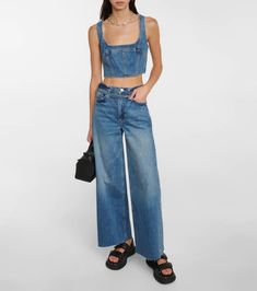 Trendy Cropped Cotton Denim Top, Chic Cropped Cotton Denim Top, Denim Cotton Crop Top, Belted Jeans, Denim Bustier, 2024 Outfits, Designer Shopping, Baggy Style, Blue Frames