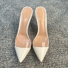 Bought Online On The Real Real For $150 But Are Too Small For Me. These Shoes Come Small. I Think It Would Fit A Size 7 Or 8 Not A 9 Us. No Returns Chic Clear Heels, White Sculpted Heel Cocktail Heels, Chic Clear Closed Toe Heels, Chic Clear Closed-toe Heels, White 4-inch Heels For Cocktail, Party Heels With Contrasting Heel Counter In Cream, Formal Clear Heels With Contrasting Heel Counter, Chic Clear Heels For Formal Occasions, Designer White Heels For Cocktail Occasions