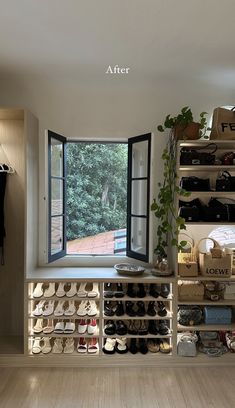 a room filled with lots of shoes next to a window