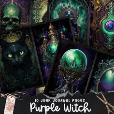 the purple witch is featured in this digital collage with green eyes and black cats