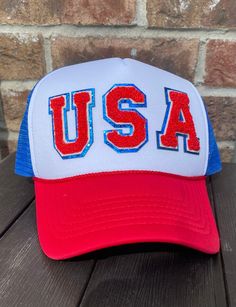 Red White and Blue Foam Cap Added Chenille Patches on the front Red Americana Hat With Curved Brim, Red Trucker Hat With Curved Brim For Sports Events, Blue Baseball Cap For 4th Of July, Red Baseball Cap For 4th Of July, Red Patriotic Hat, One Size Fits Most, Americana Style Baseball Cap One Size, Red Patriotic Trucker Hat With Curved Brim, Patriotic Red Adjustable Trucker Hat, Red Patriotic Snapback Hat With Curved Brim