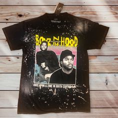 Boyz N The Hood Black T-Shirt. Intentionally Distressed With Bleach By Manufacturer. Says “Once Upon A Time In South Central” Hip Hop Distressed Crew Neck Top, Distressed Hip Hop Crew Neck Top, Fitted Graffiti Print T-shirt For Streetwear, Fitted Acid Wash Top For Streetwear, Urban Style Black Soft-washed T-shirt, Acid Wash Graffiti T-shirt For Streetwear, Hip Hop Distressed Cotton Top, Soft-washed Band Merch T-shirt For Streetwear, Band Merch Soft-washed T-shirt For Streetwear