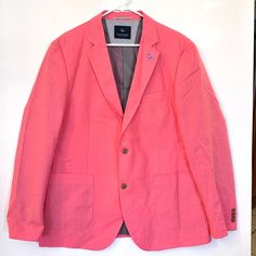 Tailorbyrd Coral Men’s Solid Two-Button Linen Blend Sport Coat Size-44l Brand New No Tag Modern Fit Long Sleeves 55% Linen 45% Cotton Color-Coral Made In China L Tailored Pink Blazer With Buttons, Pink Business Blazer With Button Closure, Casual Pink Outerwear For Business, Pink Long Sleeve Blazer For Business Casual, Pink Lapel Collar Blazer For Business, Classic Pink Blazer With Lapel Collar, Classic Pink Blazer For Business Casual, Pink Classic Blazer For Business Casual, Long Sleeve Pink Blazer For Business