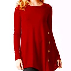 Long Blouse With Buttons On The Side Very Cute New With Tags Fall Crew Neck Blouse With Buttons, Red Crew Neck Blouse For Fall, Red Long Sleeve Blouse With Buttons, Casual Red Long Sleeve Blouse, Casual Red Blouse For Winter, Burgundy Long Sleeve Top With Buttons, Red Crew Neck Top With Buttons, Casual Long Sleeve Burgundy Blouse, Red Long Sleeve Solid Color Top