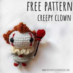 a crocheted doll is holding a flower and text reads free pattern creepy clown