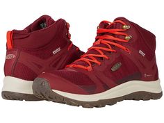 KEEN Terradora II Mid WP - Women's Shoes : Rhubarb/Jam : The KEEN Terradora II Mid WP all-terrain boots have a waterproof, PFC-free fabric and synthetic upper that is perfect for keeping you comfortable on difficult hikes and moist trails. Lace-up waterproof high-top hiking boot with a supportive synthetic and fabric upper. KEEN.Dry waterproof, breathable membrane keeps out the wet elements while providing a drier, more comfortable interior. Quick-drying mesh interior lining. Cushioned textile f Functional High-top Walking Boots, Red Mid-top Outdoor Sneakers, Ankle-high Waterproof Boots With Vibram Sole For Hiking, Red Mid-top Sneakers For Outdoor, Sporty Mid-top Walking Boots, Ankle-high Waterproof Hiking Boots, Outdoor Nylon Boots With Vibram Sole, Waterproof Mid-top Walking Boots, Durable Nylon Hiking Boots