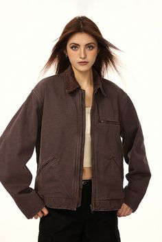 Fibflx Women's Classic Cropped  Brown Corduroy Bomber Jacket Vintage Washed Outerwear For Fall, Vintage Washed Brown Outerwear, Retro Washed Long Sleeve Outerwear, Retro Long Sleeve Washed Outerwear, Vintage Brown Utility Jacket With Corduroy Collar, Vintage Corduroy Outerwear For Fall, Vintage Brown Utility Jacket For Spring, Brown Washed Cotton Outerwear, Retro Corduroy Outerwear For Work