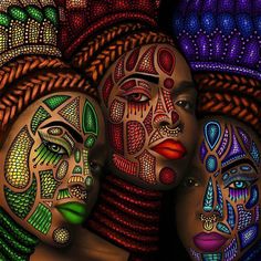 three colorfully painted faces are shown in this image