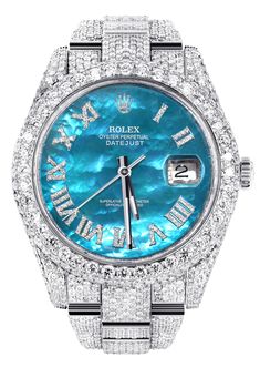 Diamond Iced Out Rolex Datejust 41 | 25 Carats Of Diamonds | Aquamarin Custom Rolex, Xo Jewelry, Mens Diamond Bracelet, Glamour Nails, Silver Chain For Men, Diamond Ice, Gold Watches Women, Mens Gold Rings, Gold Chain With Pendant