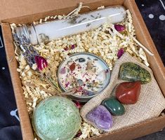 a box filled with rocks and other items