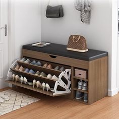 a shoe rack with several pairs of shoes on it