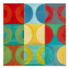 an abstract painting with different colors and shapes on it's sides, including circles