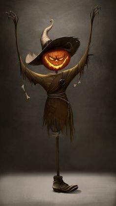 a drawing of a scarecrow wearing a hat and holding an orange pumpkin