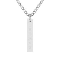 A vertical men's engraved name pendant. This silver necklace is a great minimalist gift for him. Rectangular pendant comes on a simple steel chain. Classic Rectangular Necklaces With Engraving Option, Classic Silver Necklace With Engraved Text, Classic Silver Necklaces With Engraved Text, Classic Necklaces With Engraving Option For Formal Occasions, Classic Necklace With Engraving Option For Everyday, Classic Formal Necklaces With Engraving Option, Formal Classic Necklace With Engraving Option, Engraved White Gold Necklace, Minimalist Rectangular Jewelry With Engraved Text