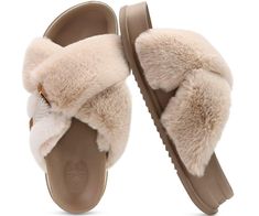 PRICES MAY VARY. Faux Fur Criss Upper: Skin-friendly fuzzy faux rabbit fur crossband wraps your feet,serve you gentle touch and cozy,Open toe flatform slippers are easy slip on and breathable EASY TO MATCH WITH CLOTHES: Classic design and fashionable color matching. You can match with loungewear, skirts or other styles of clothes, versatile and not wrong Soothing footbed for feet: Great footbed with firm arch support and a deep heel cup,gives support while reducing pressure with each step,reduce House Slippers Womens Luxury, Outdoor Slippers Women, Flexible Shoes, Shoe Image, Slides Slippers, Open Toe Slippers, Gentle Touch, Platform Slippers, Platform Slides