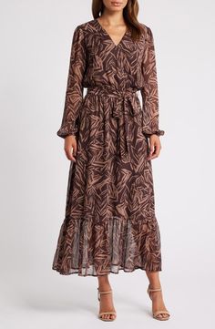 Chelsea28 Long Sleeve Faux Wrap Dress | Nordstrom Chiffon V-neck Maxi Dress With Tie Waist, Fall V-neck Belted Maxi Dress, Flowy Midi-length Wrap Dress With Tie Waist, Flowy Chic Wrap Dress For Fall, Flowy Wrap Dress For Fall, Belted V-neck Maxi Dress For Fall, Fall Belted V-neck Maxi Dress, Chic Belted Maxi Dress With Surplice Neckline, Flowy Midi Dress With Surplice Neckline For Fall