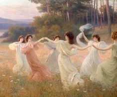 a painting of four women dancing in a field