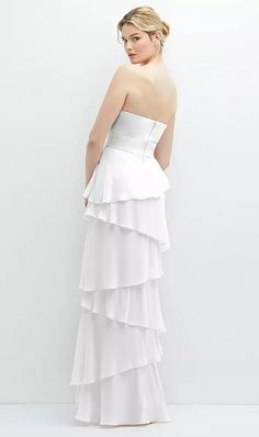 Shop this Choose a flattering backless design to outfit your wedding party in style. This strapless Lux Chiffon maxi dress is perfectly proportioned to flatter silhouettes of all types, with asymmetrical skirt tiers and an inset midriff offering elegant construction. Long White Dresses, Romantic Maxi Dress, Maxi Bridesmaid Dresses, Affordable Wedding Dresses, Long White Dress, Maxi Slip Dress, Flower Detail, Applique Dress, Strapless Maxi Dress