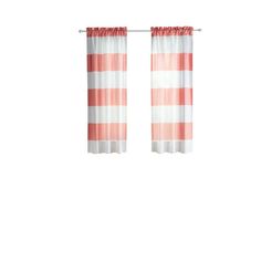 two pink and white striped curtains hanging on a rod