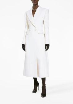 Made in Italy White Wool Long Coat, White Wool Outerwear With Notch Lapel, White Classic Wool Coat, Classic White Wool Coat, Elegant Long Wool Coat With Double Button Closure, White Notch Lapel Blazer Dress, Formal Long Coat In Winter White, Formal Winter White Long Coat, Classic White Long Wool Coat