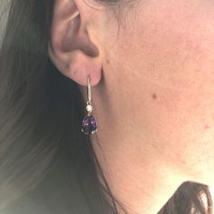 Lovely purple natural, earth mined Amethyst pear drop earrings in 14k gold with diamond accents. A latch backing makes for easy and comfortable wear. Natural Earth, Rhodium Plated, Prong Setting, Natural Diamonds, Gold Metal, Pear, Platinum, 18k Gold, Dangle Earrings