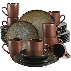 an assortment of brown and black dinnerware