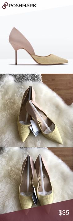 Zara - Leather + polyester heels Brand new with tag - Zara  50% Leather + 50% polyester with 3 inches heel, Size 38 EUR, 8 US. Zara Shoes Heels Zara Leather, Yellow Cream, 3 Inch Heels, Zara Shoes, Kitten Heels, Shoes Heels, Size 7, Zara, Brand New