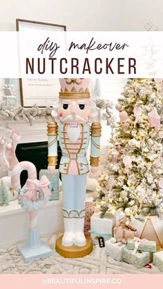 a nutcracker statue sitting in front of a christmas tree