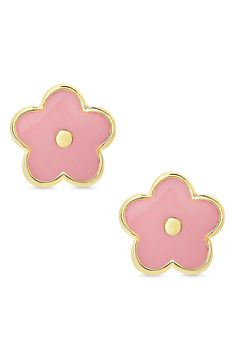 Add an extra touch of charm to your little one's look with this pair of flower earrings plated in 18-karat gold. 3/8" diameter Post back 18k-gold plate/enamel Imported Kids' Wear Item ships in a gift box Preppy Flower Earrings, Indian Kids Earrings, 1 Gram Gold Earrings For Kids, Cute Earrings For Kids, Pink Enamel Flower-shaped Earrings, Gold Enamel Earrings With Flower Charm, Gold Earrings With Flower Charm In Enamel, Gold Earrings With Flower Charm And Enamel, Playful Gold Enamel Earrings