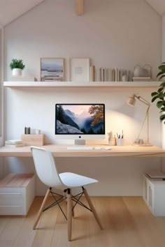 a desk with a computer on top of it in front of a plant and bookshelf