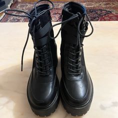 Excellent Condition- Never Worn Only Tried On - Tags Have Been Removed - Got Pregnant And Decided To Sell Instead Of Store Your Gain ! These Are Sooooo Trendy And Cute - True To Size !! Bought These For $150 Ankle-high Platform Combat Boots For Workwear, Platform High Ankle Combat Boots For Workwear, High Ankle Platform Combat Boots For Work, High Ankle Platform Lace-up Boots For Work, Black Ankle-high Lug Sole Wedge Boots, Black Lace-up Wedge Boots With Chunky Platform, Black Lace-up Chunky Platform Wedge Boots, Black High Ankle Wedge Boots With Lug Sole, Black Chunky Platform Mid-calf Boots