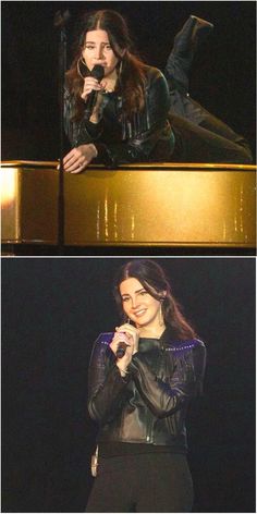 two pictures of the same woman singing on stage