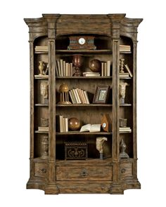 an old wooden bookcase with books and other items on it's shelves, isolated against a white background