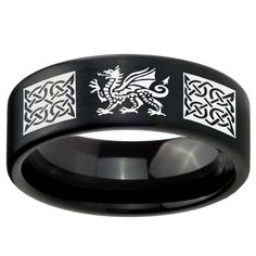 This tungsten carbide ring in black color, 8mm width with a logo Multiple Dragon Celtic engraved on it. This tungsten ring is cobalt free to avoid allergies, high polish finish, comfort fit design, perfect for the one you love. Tungsten ring is non scratch only apply on original tungsten silver color, it DOES NOT apply for any color coated tungsten item, please good take care your jewelry avoided from crash or any chemical lotion or perfume apply on the surface, it will effect the coating on the Black Tungsten Mens Rings, Dragon Celtic, Tungsten Carbide Mens Rings, Mens Wedding Rings Tungsten, Blue Wedding Band, Blue Wedding Rings, Promise Rings For Guys, Engagement Rings Sale, Mens Wedding Bands Tungsten