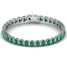 This exquisite emerald and diamond tennis bracelet is a stunning piece of jewelry that exudes elegance and sophistication. Crafted with precision and attention to detail, this bracelet features vibrant emeralds alternating with sparkling diamonds, creating a luxurious and timeless look that is perfect for any occasion. Metal: 14K Gold Setting Type: Prong Rhodium Finish: Yes, on White Gold Gemstone Details: Gemstone: Emerald Shape: Emerald Cut Average Dimensions: 5.00 x 3.00 MM Quantity: 34 Avera Emerald Bracelet For Men, Classic Emerald-cut Emerald Bracelet, Formal Emerald Cut Diamond Bracelet, Formal Emerald Diamond Bracelet With Brilliant Cut, Formal Emerald Diamond Bracelet, Fine Emerald Tennis Bracelet For Formal Occasions, Fine Emerald Tennis Bracelet For Formal Events, Green Brilliant Cut Diamond Bracelet For Anniversary, Formal Fine Emerald Tennis Bracelet