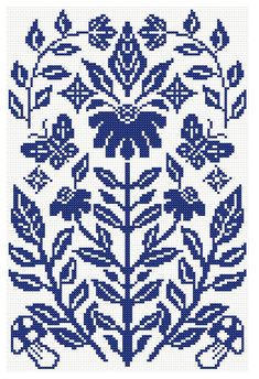 a cross stitch pattern with blue flowers and leaves on white background, in the shape of a