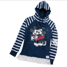 Minnie Mouse Loves Her Guy Mickey, And She's Got The Kisses To Prove It On This Soft Comfy Hooded Sweatshirt. With Its Fun Stripes And Lace Accents, This Top Is Sure To Become A Treasured Favorite. Screen Art Features Mickey And Minnie Mouse Striped Raglan Sleeves And Hood Fully Lined Hood Features Drawstring With Grommets Lace-Patterned Hemline Lace Heart Appliqu On Elbows Postcard Design Appliqu At Hemline Long Sleeves Ribbed Cuffs 58% Cotton / 42% Polyester New With Tags. Msrp $54.99. Runs Sm Disney Themed Outfits, Screen Art, Mickey And Minnie Mouse, Disney Shop, Hoodie Women, Lace Heart, Mickey And Minnie, Postcard Design, Disney Tops