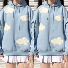 Cute Blue Fleece Hoodie, Trendy Light Blue Winter Sweatshirt, Trendy Blue Fleece Sweatshirt, Trendy Light Blue Cotton Hoodie, Cloud Hoodie, Warm Fits, Laid Back Outfits, Cloud Print, Cozy Design