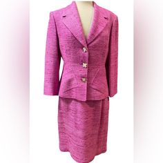 Paule Vasseur Paris ~ Lovely Orchid Pink Raw Silk 2pc Jacket Skirt Set. Fashion Jacket/Top Has 3/4 Sleeves , Unique Mother Of Pearl Buttons, Pockets And Is Fully Lined. Skirt Has Invisible Back Zipper. Size 44/12. Jacket~ Shoulder 17”, Underarm 39/40”, Waist 34”(Has Darts) Sleeve Length 20” And Around Bottom 41”. Skirt~Waistband 32”, Hips 42” And Length 22”. Excellent /Like New Condition/ Worn Once By Me. Beautiful Details And Gorgeous Color /Silk Fabric Skirt Waistband, Skirt Suit Set, Lined Skirt, Mother Of Pearl Buttons, Pearl Buttons, Pink Silk, Skirt Suit, Raw Silk, Jacket Style