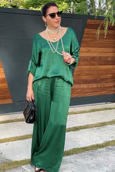 Chic Green Long Sleeve Sets, Chic Two-piece Long Sleeve Set, Elegant Two-piece Set With Long Sleeves, Elegant Solid Color Loungewear Sets, Fall Sets With Set-in Long Sleeves, Elegant Two-piece Loungewear Set, Solid Color Party Sets For Spring, Spring Party Sets In Solid Colors, Solid Long Sleeve Sets For Party