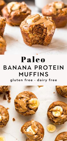 banana protein muffins on a baking sheet with the title text overlay reads paleo banana protein muffins gluen free dairy free