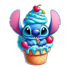 a cartoon character is sitting in an ice cream cone with strawberries on the top