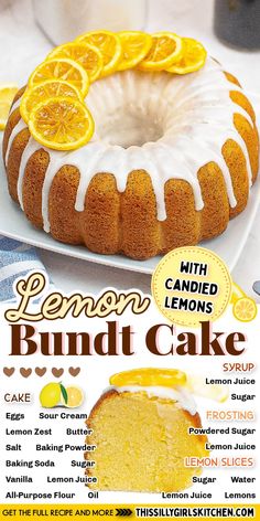 a lemon bundt cake with white icing and sliced lemons on the side