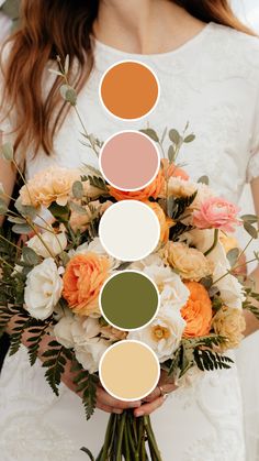 a woman holding a bouquet with orange and white flowers in it's center surrounded by color swatches