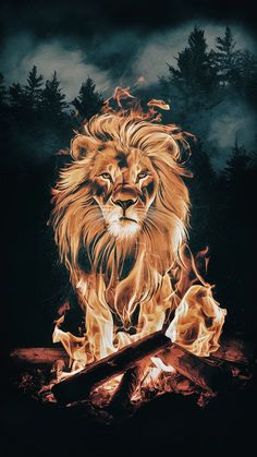 a lion standing in front of a fire