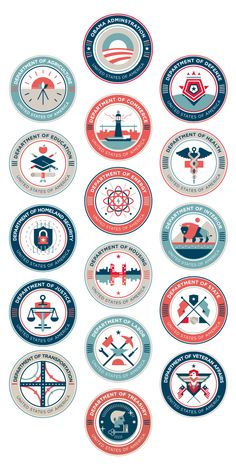 several badges with different symbols and colors on them, all designed in the same style