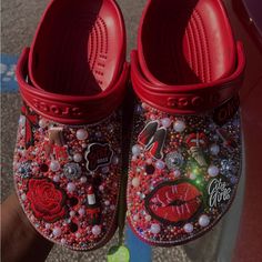 Red Bling Custom Designed Crocs Red With Red, White, Black, Gold And Glitter Rhinestones Designed Crocs, Brown Block Heel Sandals, Crocs Shoes Women, Bling Crocs, Red Crocs, Custom Crocs, Brown Block Heels, Pretty Sneakers, Crocs Sandals